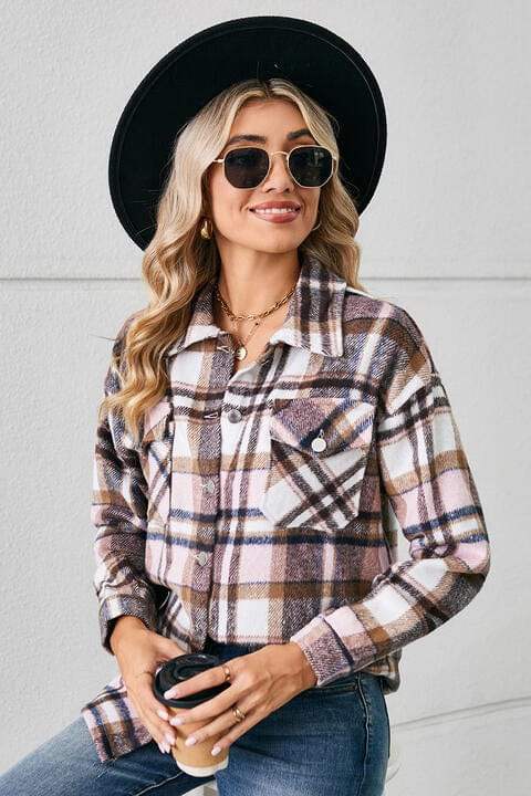 Collared Plaid Shacket - Trendsi - Flyclothing LLC