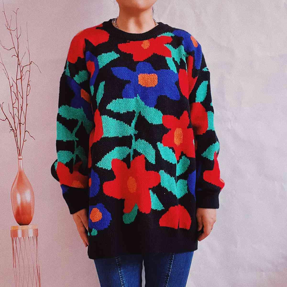 Floral Print Round Neck Drop Shoulder Sweater - Trendsi