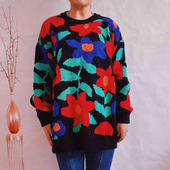 Floral Print Round Neck Drop Shoulder Sweater - Trendsi