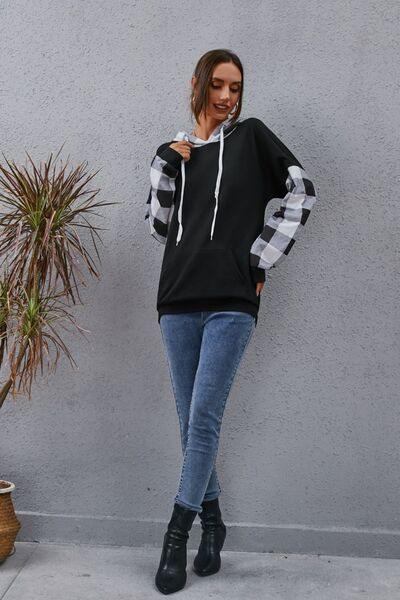 Plaid Drawstring Dropped Shoulder Hoodie - Trendsi