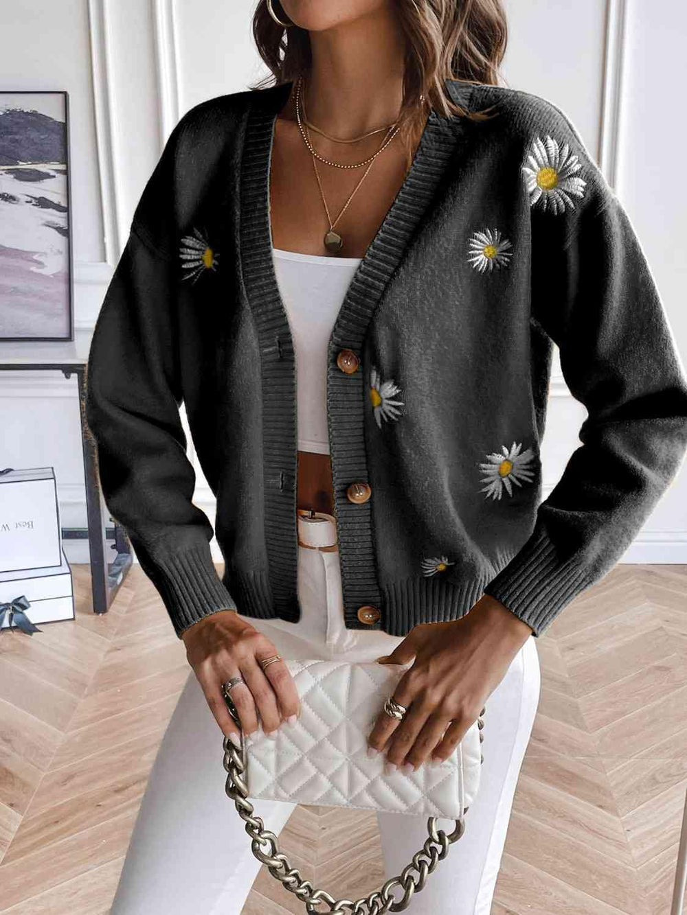 Floral Button Up Cardigan - Trendsi