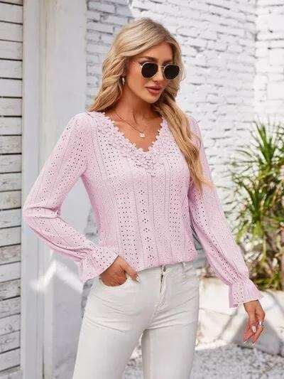 Applique V-Neck Flounce Sleeve T-Shirt - Trendsi - Flyclothing LLC