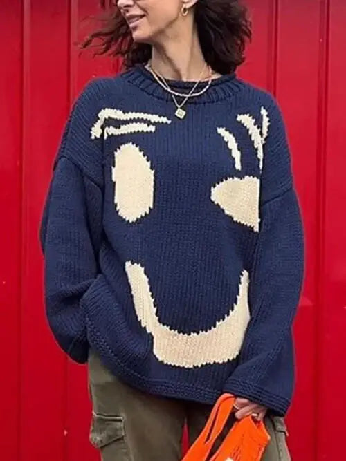 Contrast Drop Shoulder Long Sleeve Sweater - Trendsi - Flyclothing LLC