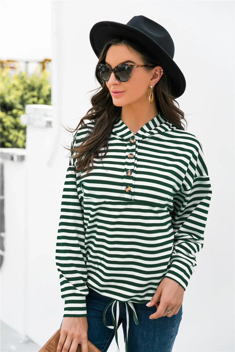 Striped Half-Button Dropped Shoulder Hoodie - Trendsi - Flyclothing LLC