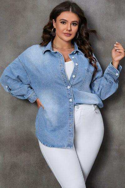 Plus Size Button Up Pocketed Denim Top - Trendsi - Flyclothing LLC