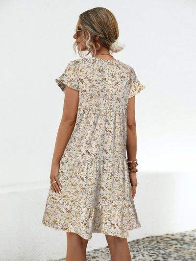Frill Floral Round Neck Short Sleeve Tiered Dress - Trendsi - Flyclothing LLC
