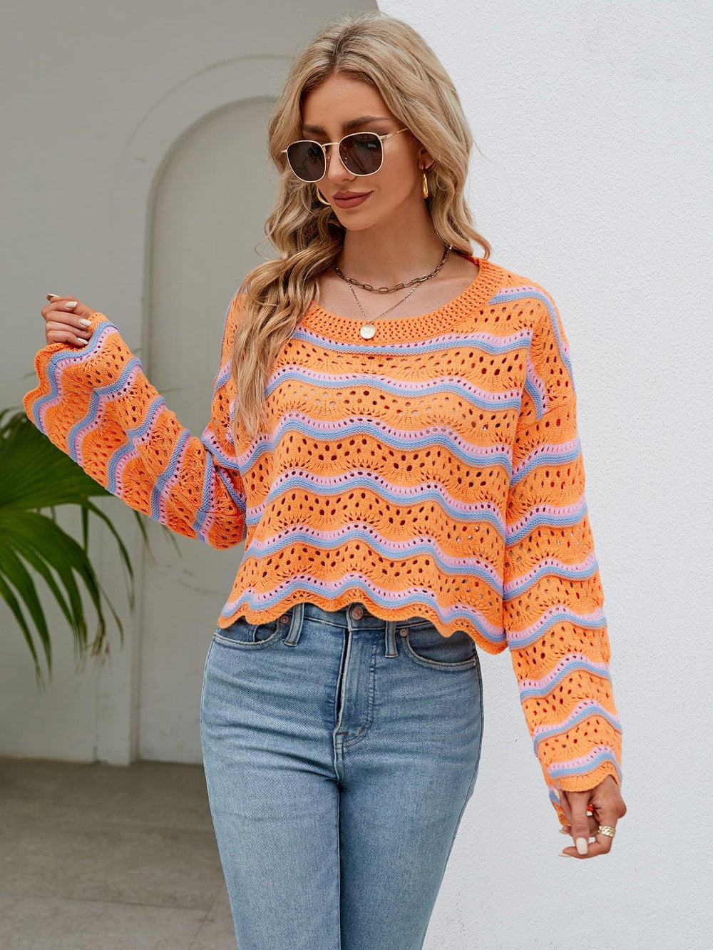 Round Neck Openwork Flare Sleeve Knit Top - Trendsi