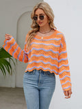 Round Neck Openwork Flare Sleeve Knit Top - Trendsi