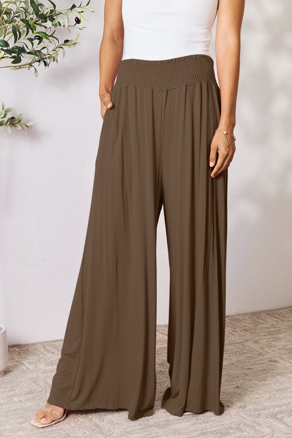 Double Take Full Size Smocked Wide Waistband Wide Leg Pants - Trendsi