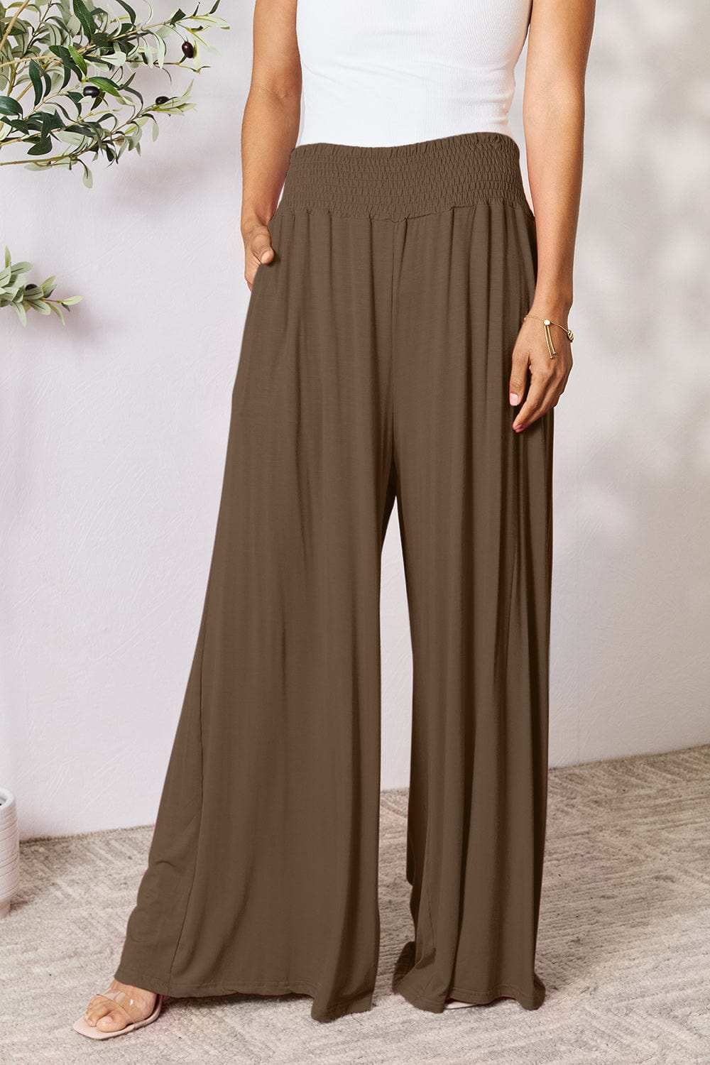 Double Take Full Size Smocked Wide Waistband Wide Leg Pants - Trendsi - Flyclothing LLC