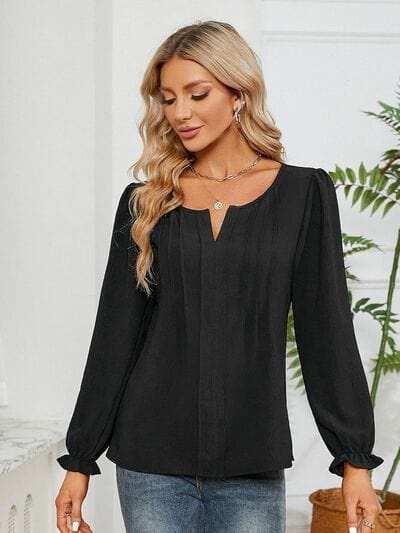 Notched Flounce Sleeve Blouse - Trendsi - Flyclothing LLC