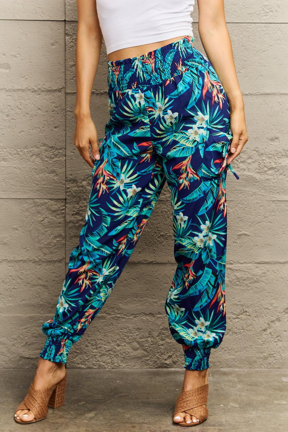 Smocked Plant Print Long Pants - Trendsi