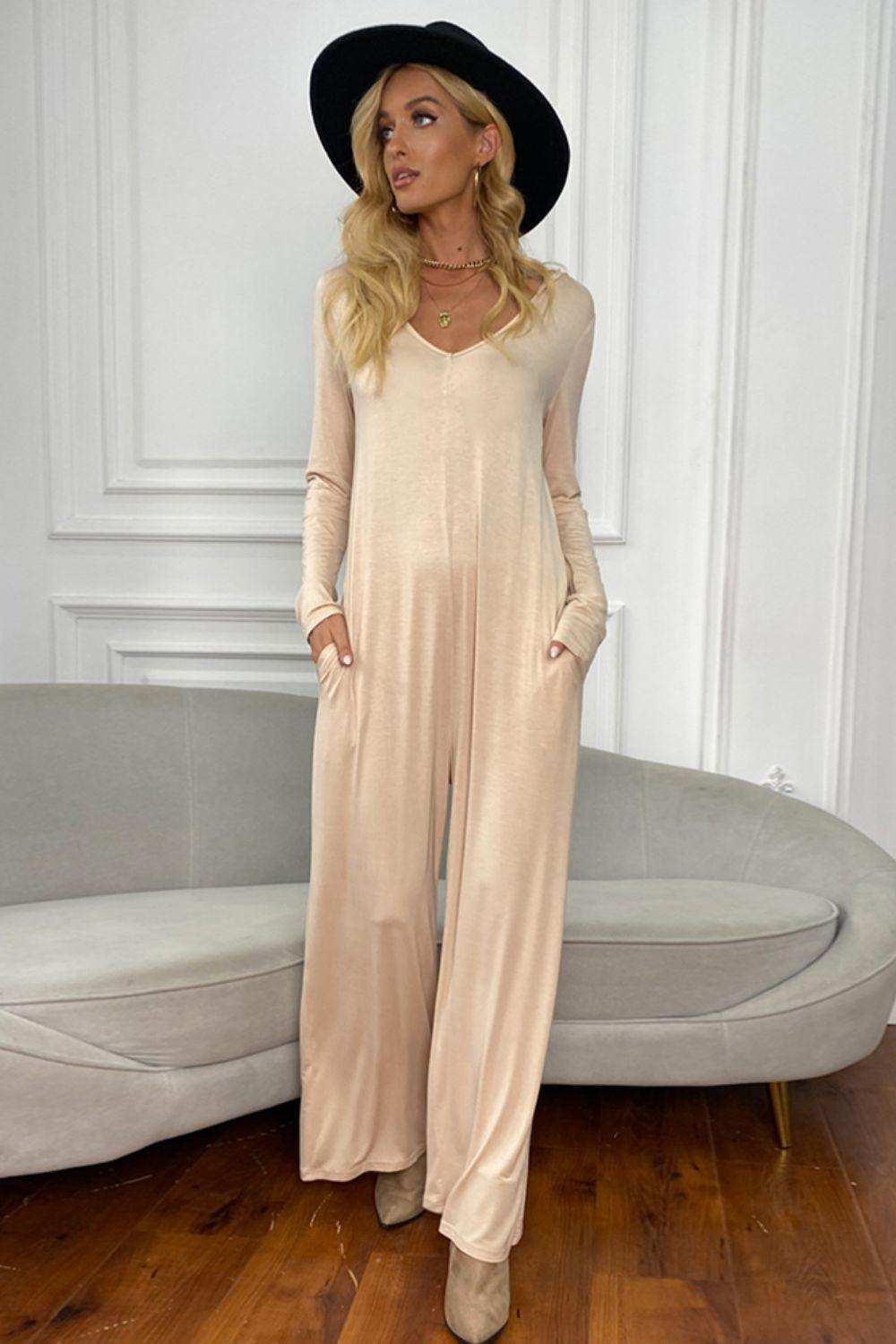 Long Sleeve V-Neck Jumpsuit with Pockets - Trendsi - Flyclothing LLC