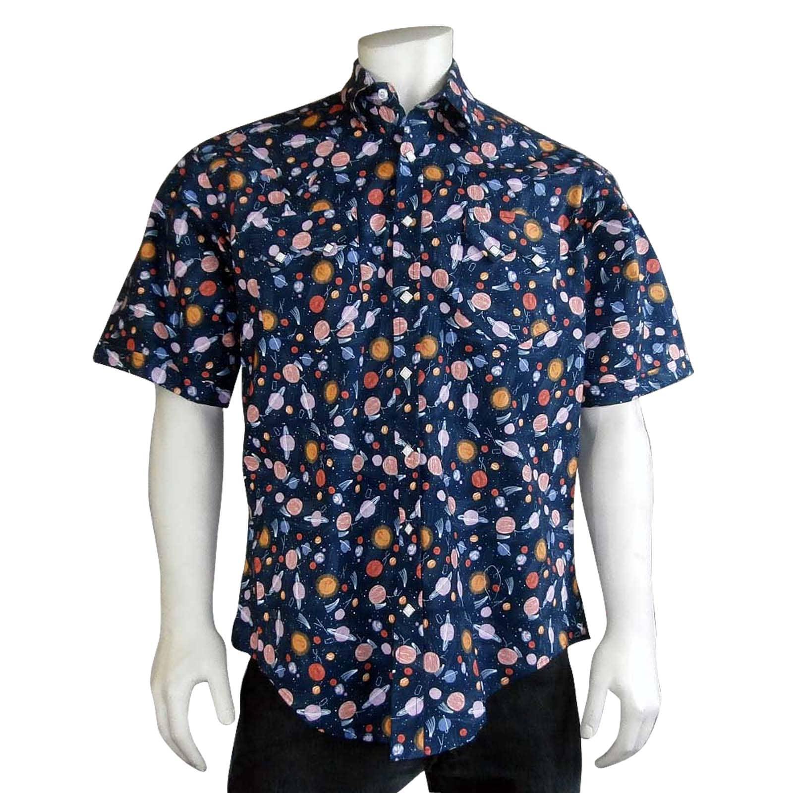 Rockmount Clothing Mens Solar System Print Short Sleeve Western Shirt in Navy