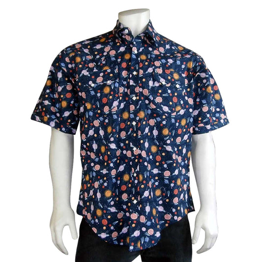 Rockmount Clothing Mens Solar System Print Short Sleeve Western Shirt in Navy