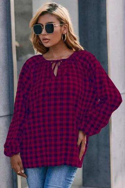 Plaid Tie Neck Balloon Sleeve Blouse - Trendsi - Flyclothing LLC