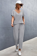V-Neck Short Sleeve T-Shirt and Drawstring Waist Pants Set - Flyclothing LLC