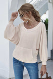 Boat Neck Waffle-knit Lantern Sleeve Blouse with Pocket - Trendsi - Flyclothing LLC