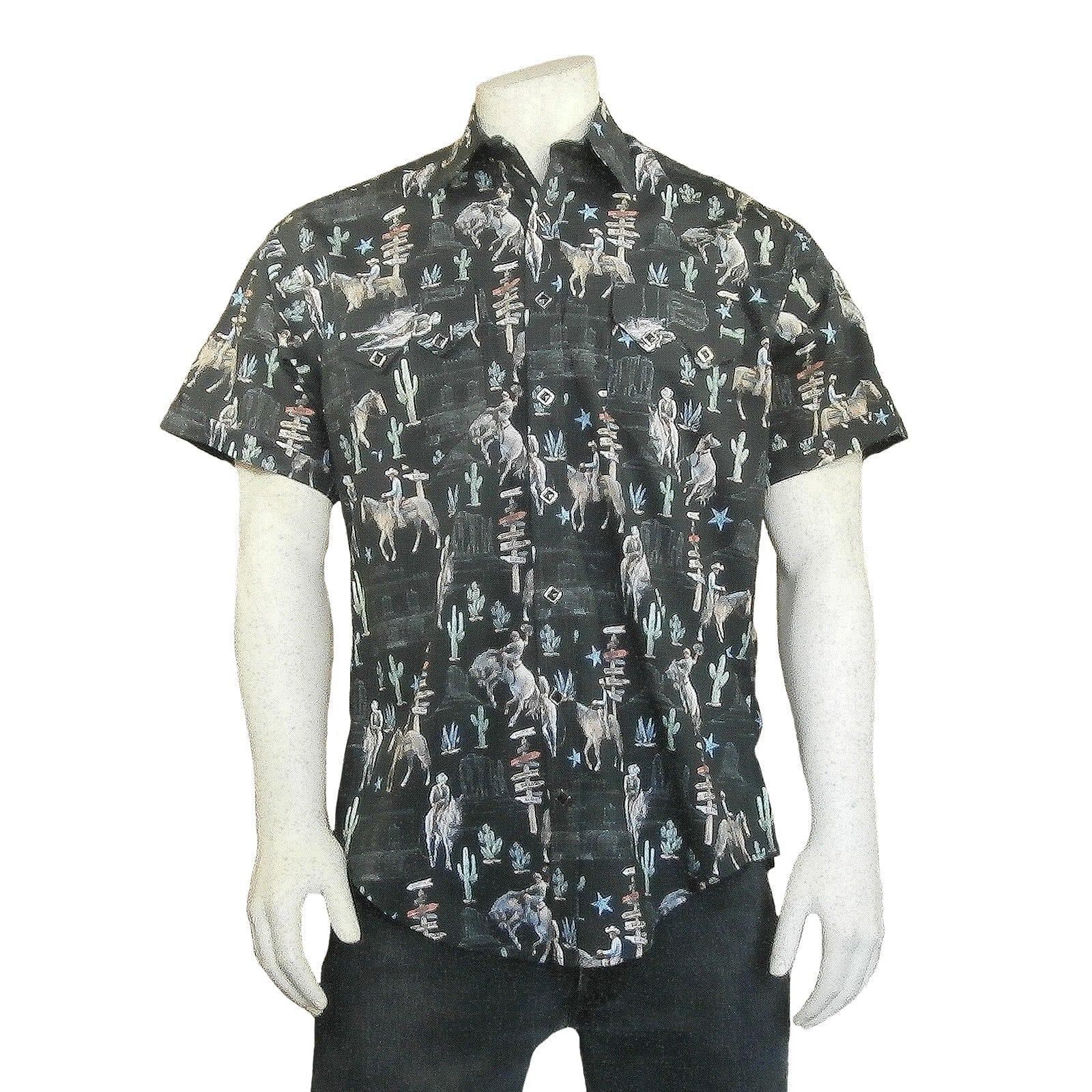 Rockmount Clothing Mens Black Cactus & Cowboys Print Short Sleeve Western Shirt