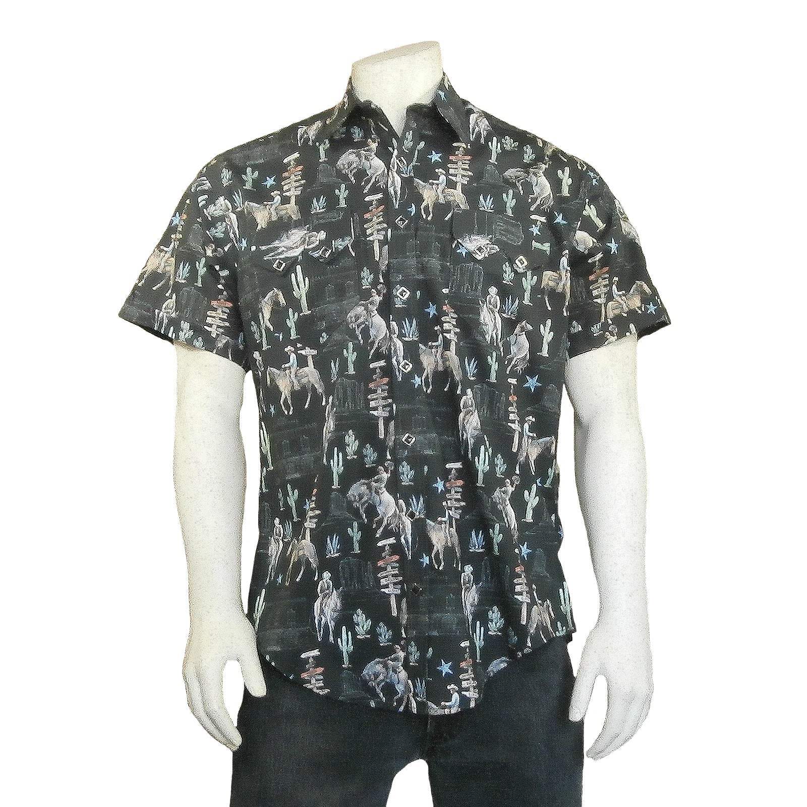 Rockmount Clothing Mens Black Cactus & Cowboys Print Short Sleeve Western Shirt - Rockmount Clothing - Flyclothing LLC