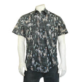 Rockmount Clothing Mens Black Cactus & Cowboys Print Short Sleeve Western Shirt - Rockmount Clothing