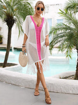 Contrast Fringe Trim Openwork Cover-Up Dress - Trendsi - Flyclothing LLC