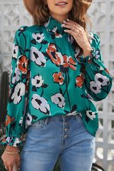 Floral Smocked Mock Neck Flounce Sleeve Blouse - Trendsi