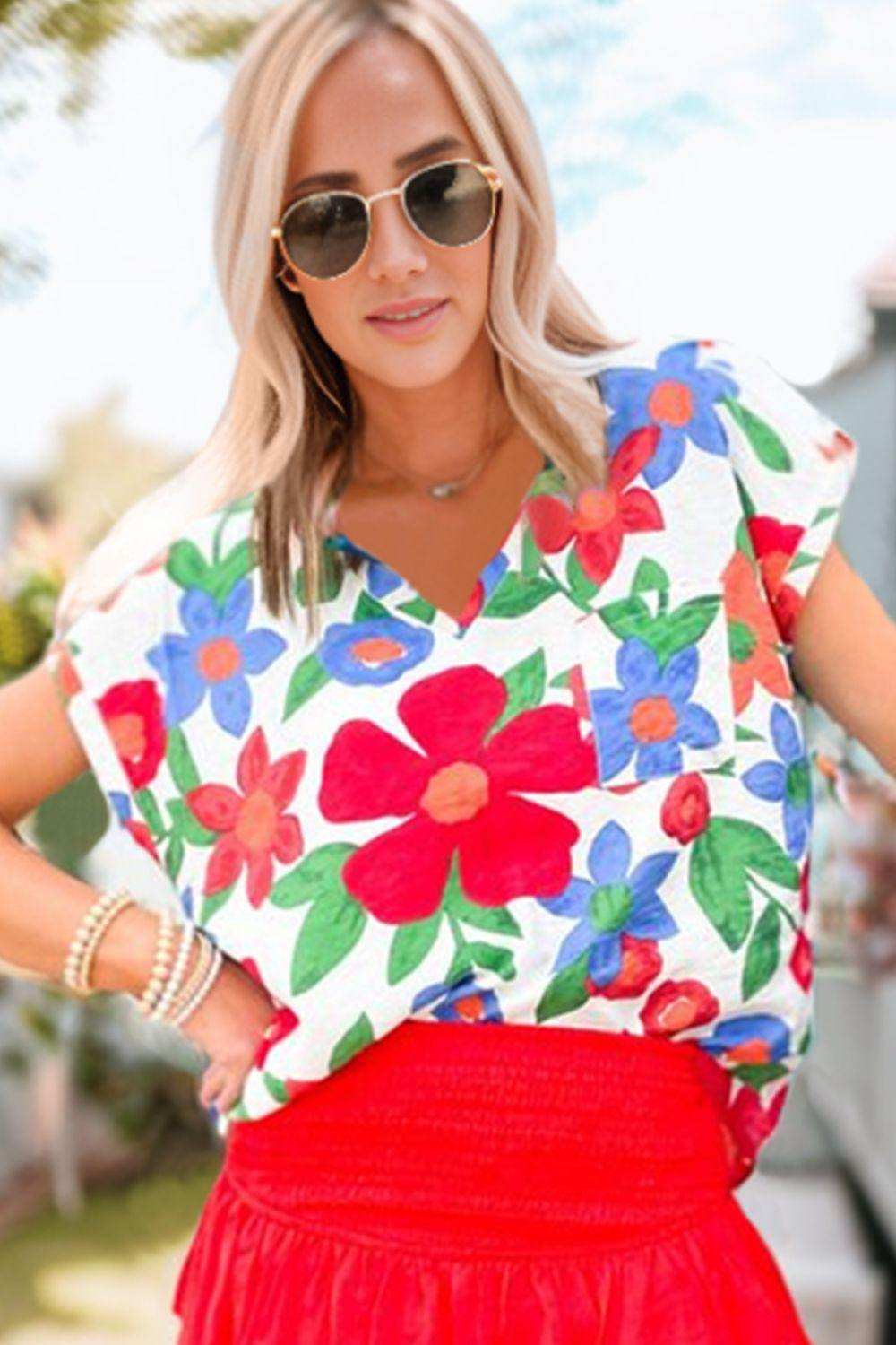 Floral V-Neck Short Sleeve Top - Trendsi - Flyclothing LLC