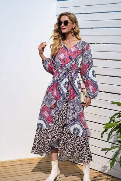 Leopard Ruffle Trim V-Neck Printed Dress - Trendsi - Flyclothing LLC
