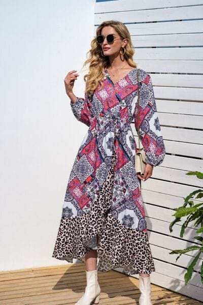 Leopard Ruffle Trim V-Neck Printed Dress - Trendsi - Flyclothing LLC
