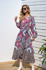 Leopard Ruffle Trim V-Neck Printed Dress - Trendsi