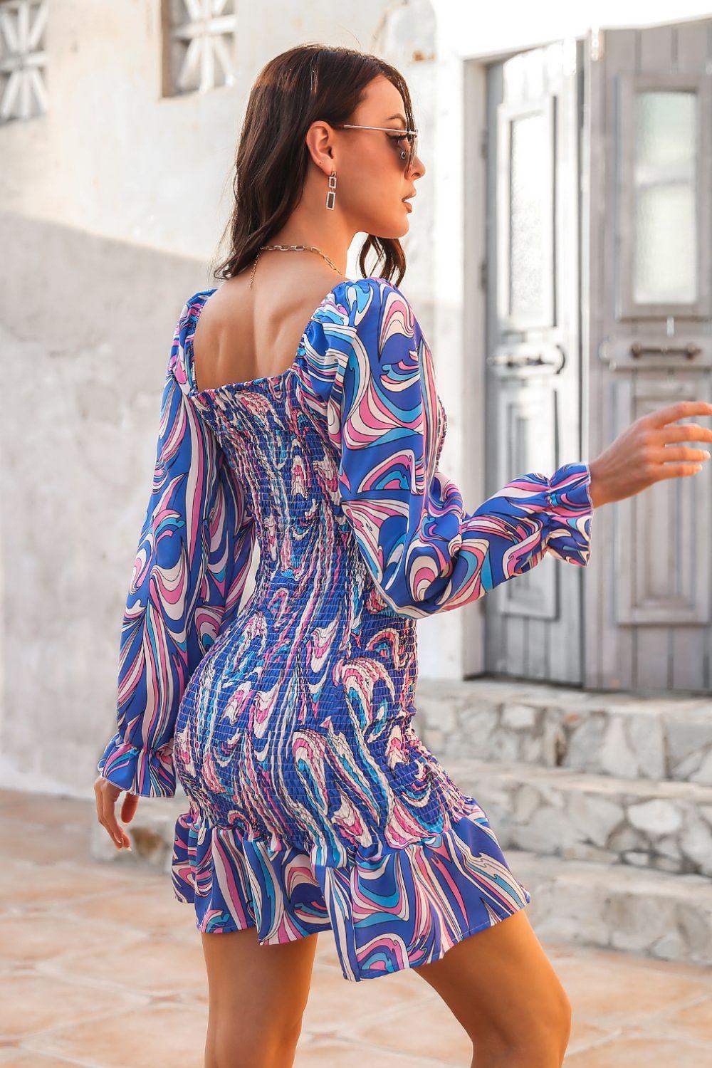 Abstract Print Square Neck Smocked Dress - Trendsi - Flyclothing LLC