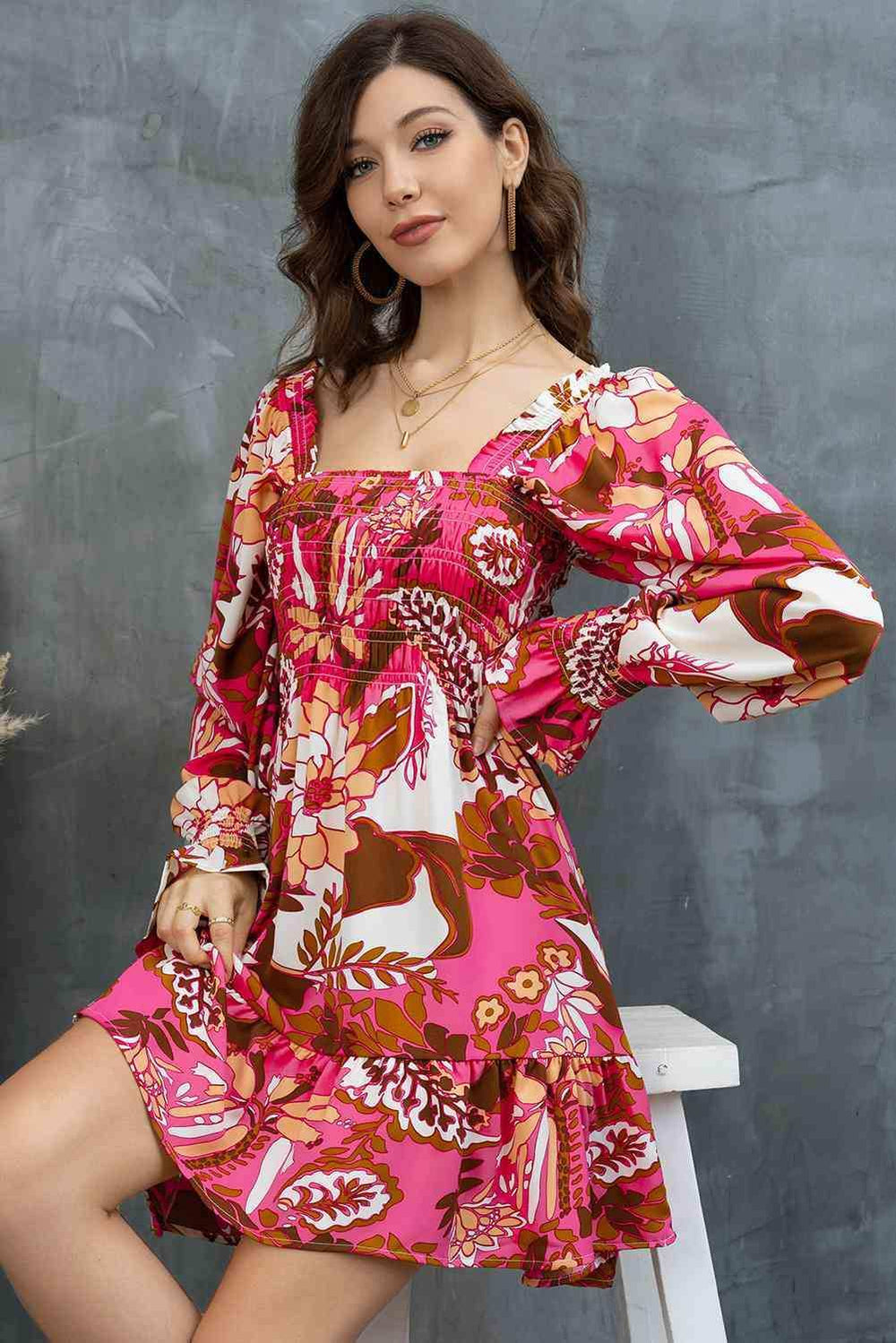 Floral Square Neck Flounce Sleeve Dress - Trendsi - Flyclothing LLC