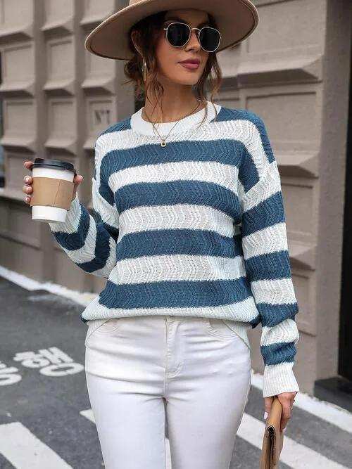Striped Round Neck Dropped Shoulder Sweater - Trendsi - Flyclothing LLC
