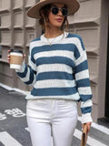 Striped Round Neck Dropped Shoulder Sweater - Trendsi