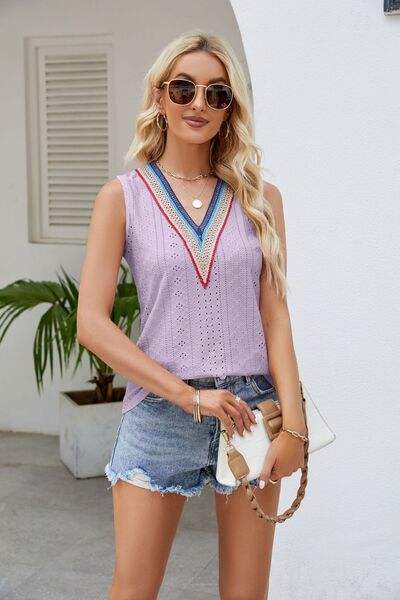 Contrast Eyelet V-Neck Tank - Trendsi - Flyclothing LLC