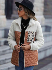 Leopard Color Block Zip-Up Jacket - Trendsi