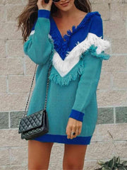 Color Block Fringed V-Neck Sweater - Trendsi
