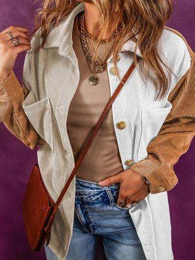 Color Block Ribbed Pocketed Button Up Jacket - Trendsi - Flyclothing LLC