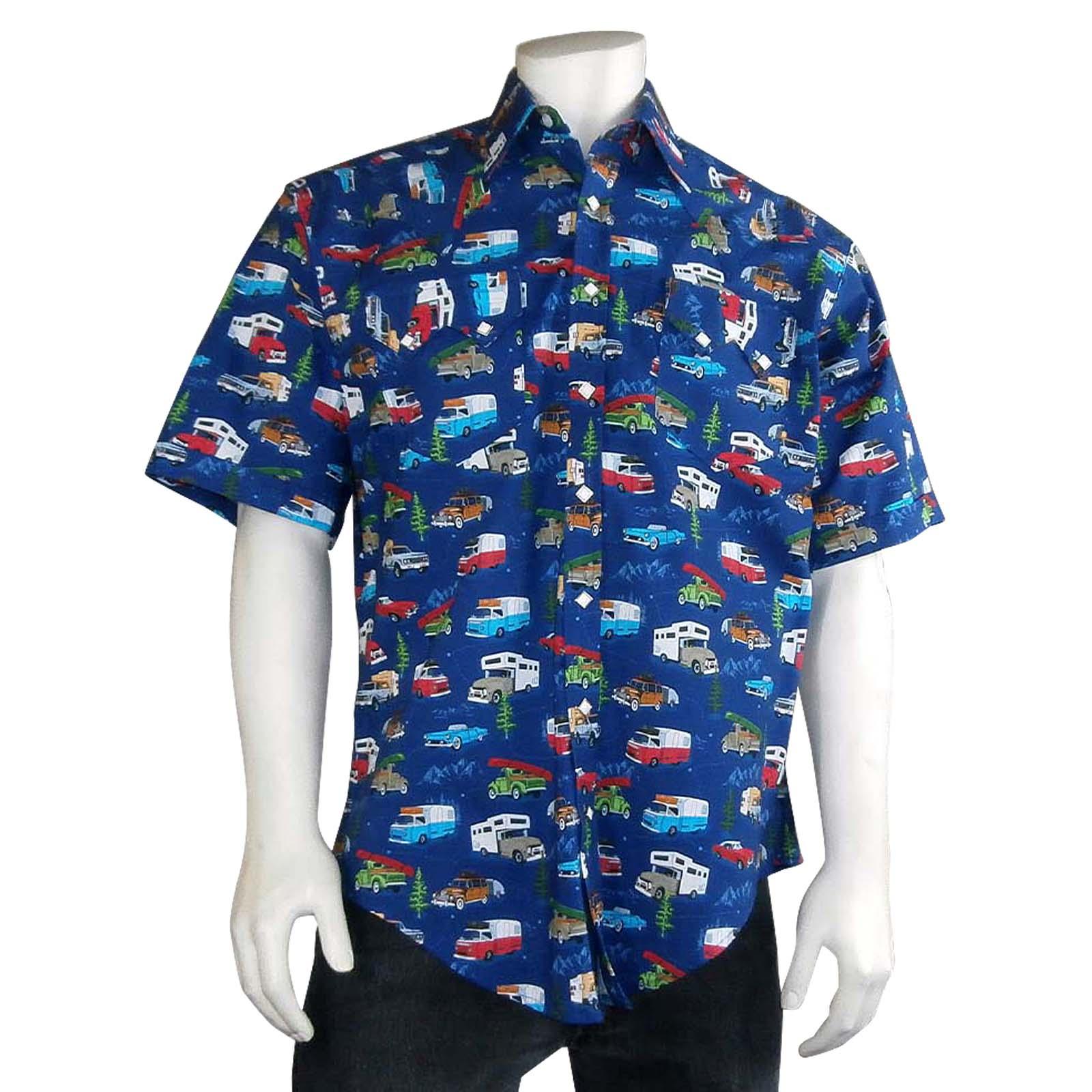 Rockmount Clothing Mens Retro Camper Print Short Sleeve Western Shirt In Navy - Flyclothing LLC