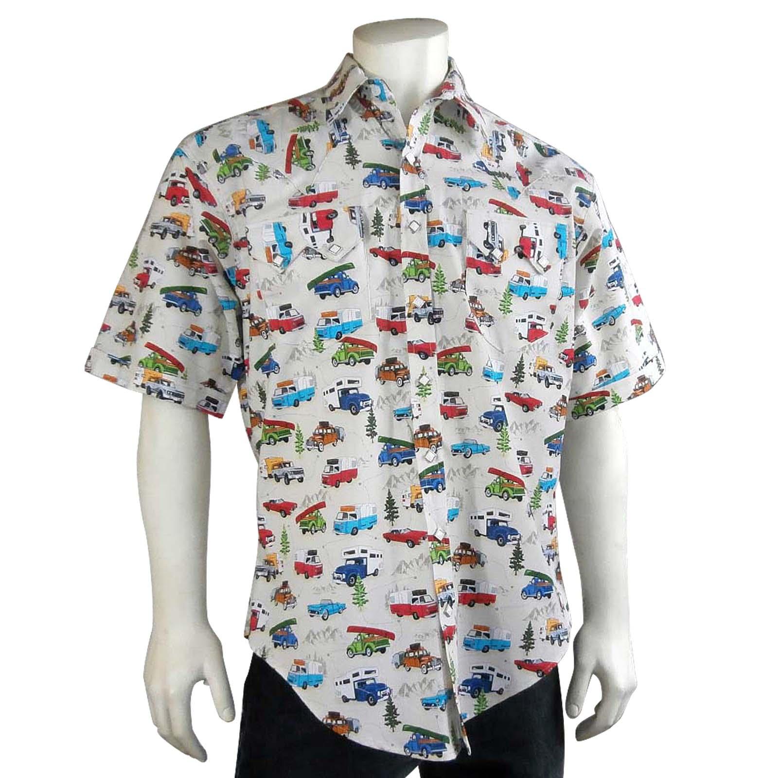 Men’s Retro Campers Print Short Sleeve Western Shirt in Tan - Flyclothing LLC