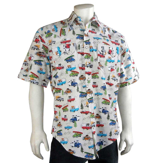 Men’s Retro Campers Print Short Sleeve Western Shirt in Tan - Rockmount Clothing - Flyclothing LLC