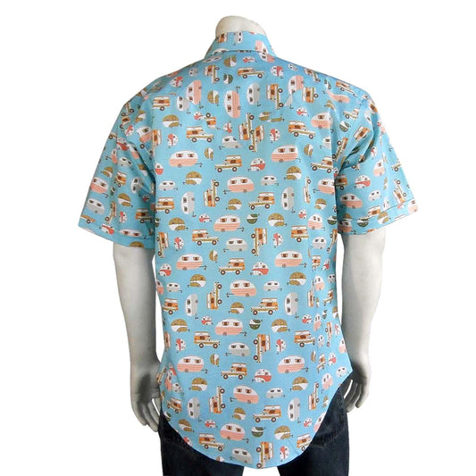 Rockmount Clothing Mens Retro Camper Print Short Sleeve Western Shirt In Turquoise - Flyclothing LLC