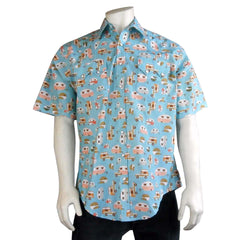 Men’s Retro Campers Print Short Sleeve Western Shirt in Turquoise - Flyclothing LLC