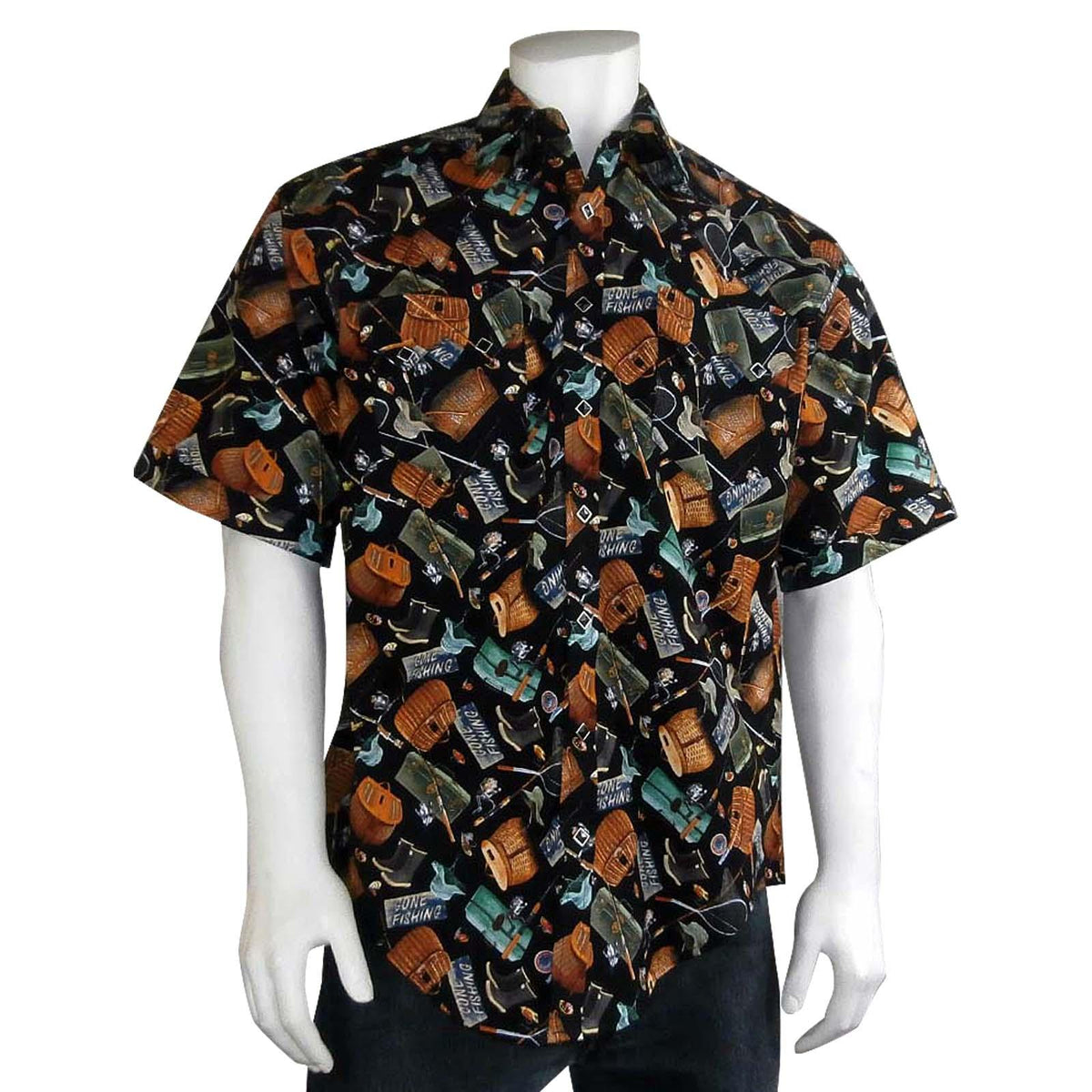 Men’s Gone Fishing Print Short Sleeve Western Shirt in Black - Flyclothing LLC