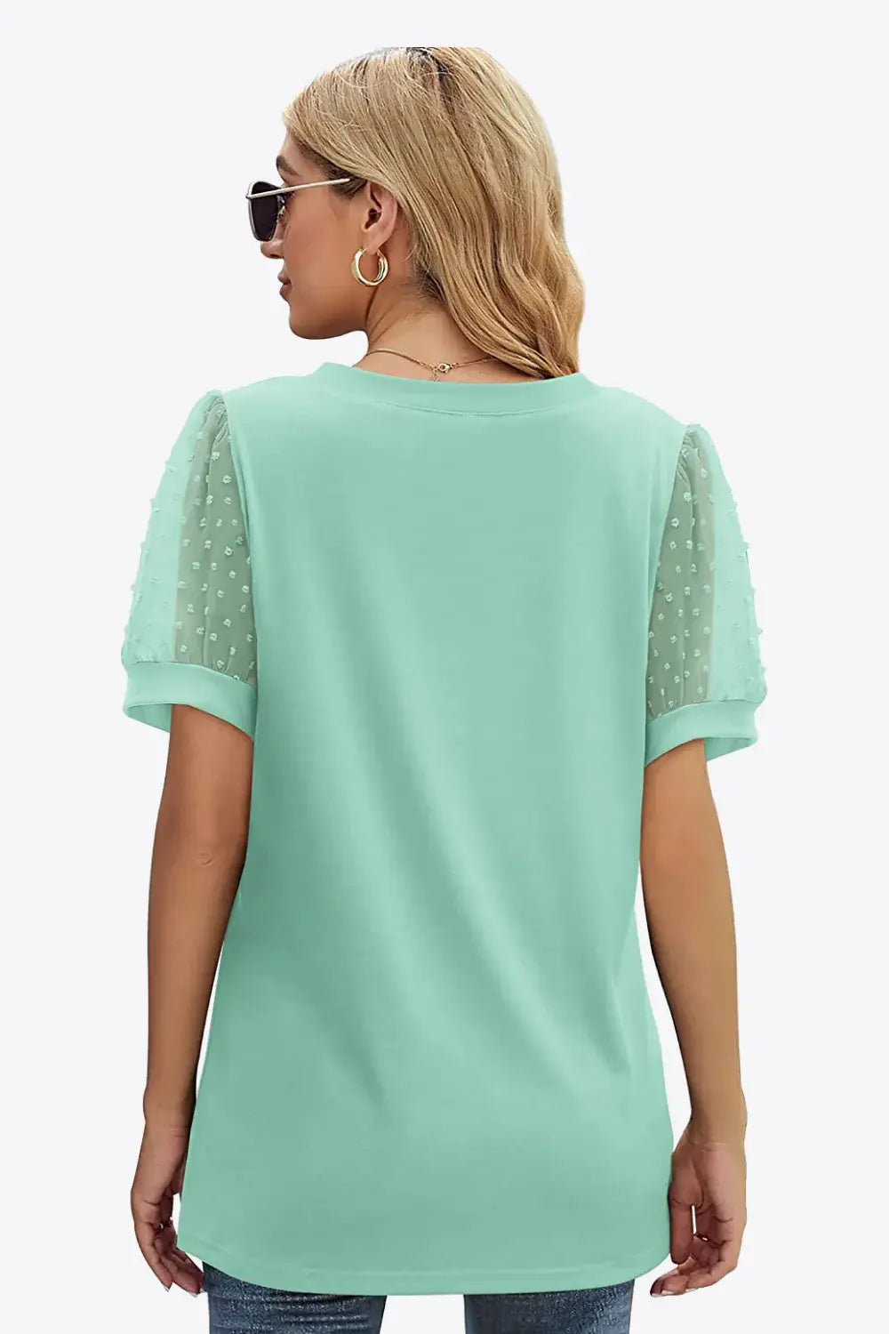 Swiss Dot Puff Sleeve V-Neck Tee - Trendsi - Flyclothing LLC