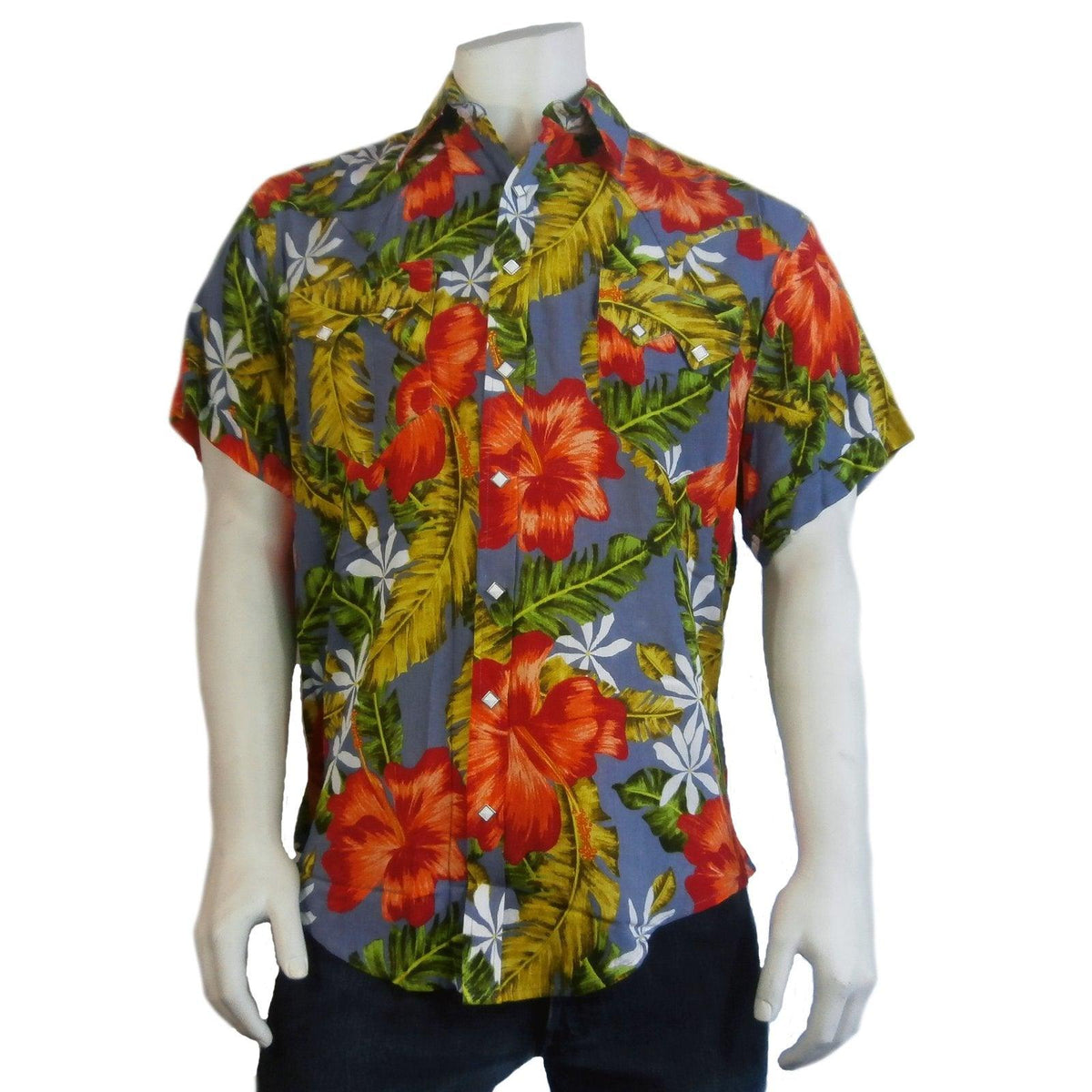Men’s Hawaiian Floral Print Short Sleeve Western Shirt in Grey - Flyclothing LLC