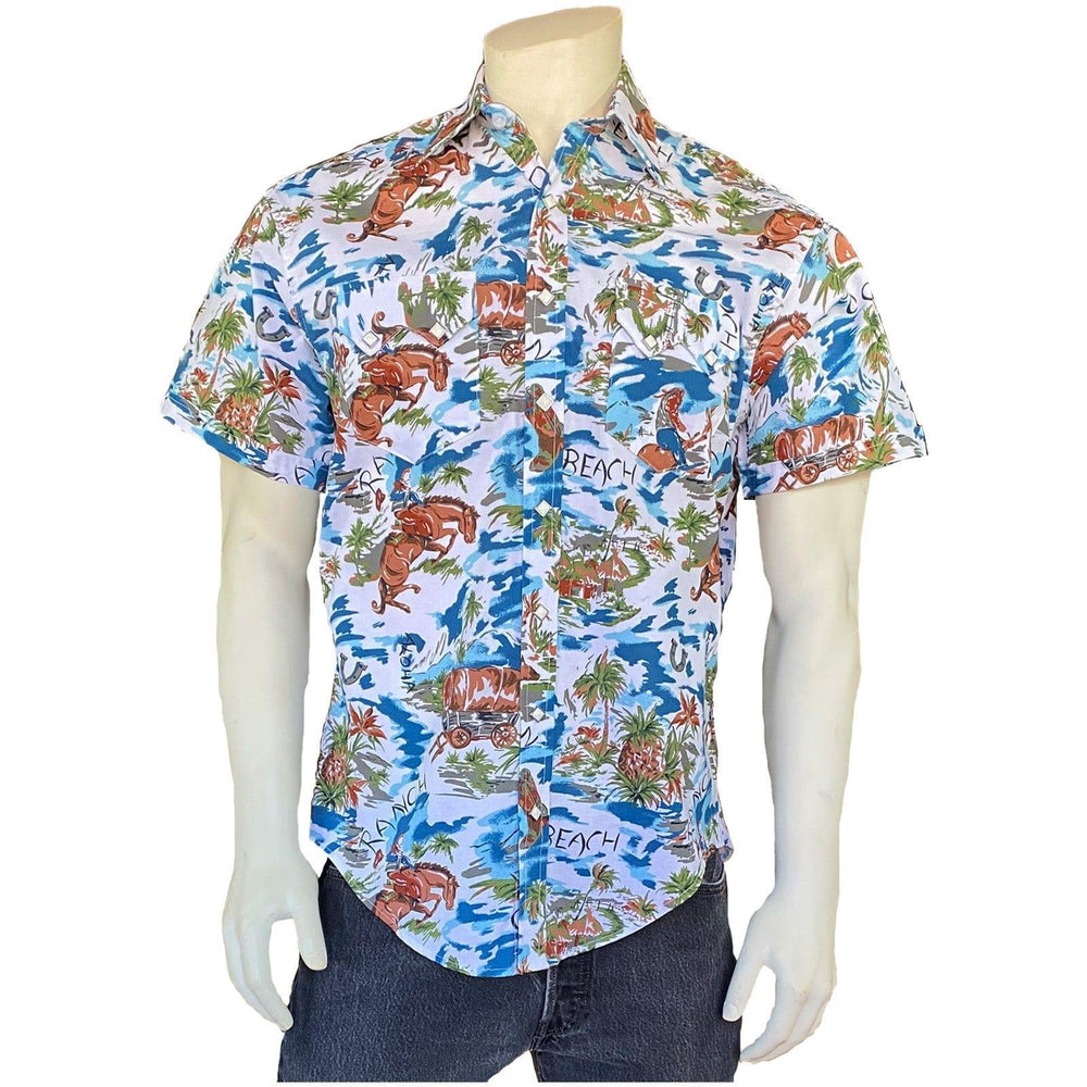Rockmount Clothing Mens Blue Western Hawaiian Print Short Sleeve Shirt - Rockmount Clothing
