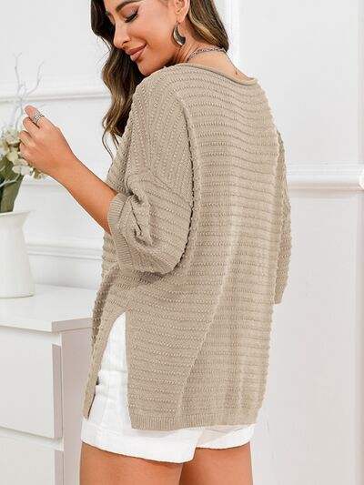 Rolled Round Neck Dropped Shoulder Slit Sweater - Trendsi - Flyclothing LLC