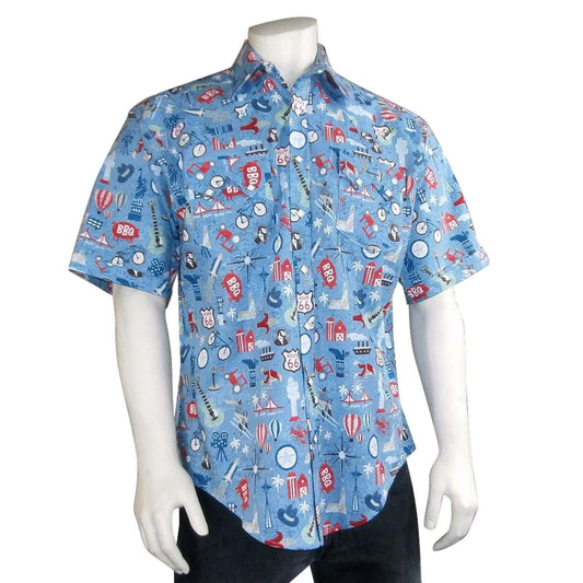 Rockmount Clothing Mens Route 66 Short Sleeve Western Shirt In Blue - Rockmount Clothing